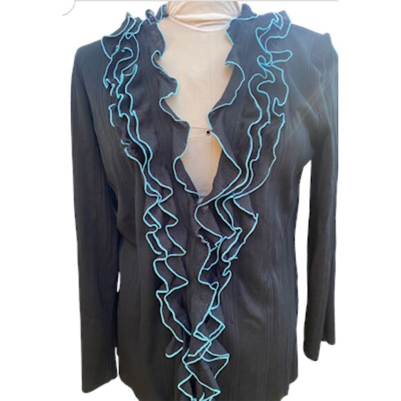 Ming Wang Ruffle Front Cardigan Sz. L Stretch Rib Fabric - Picture 2 of 10